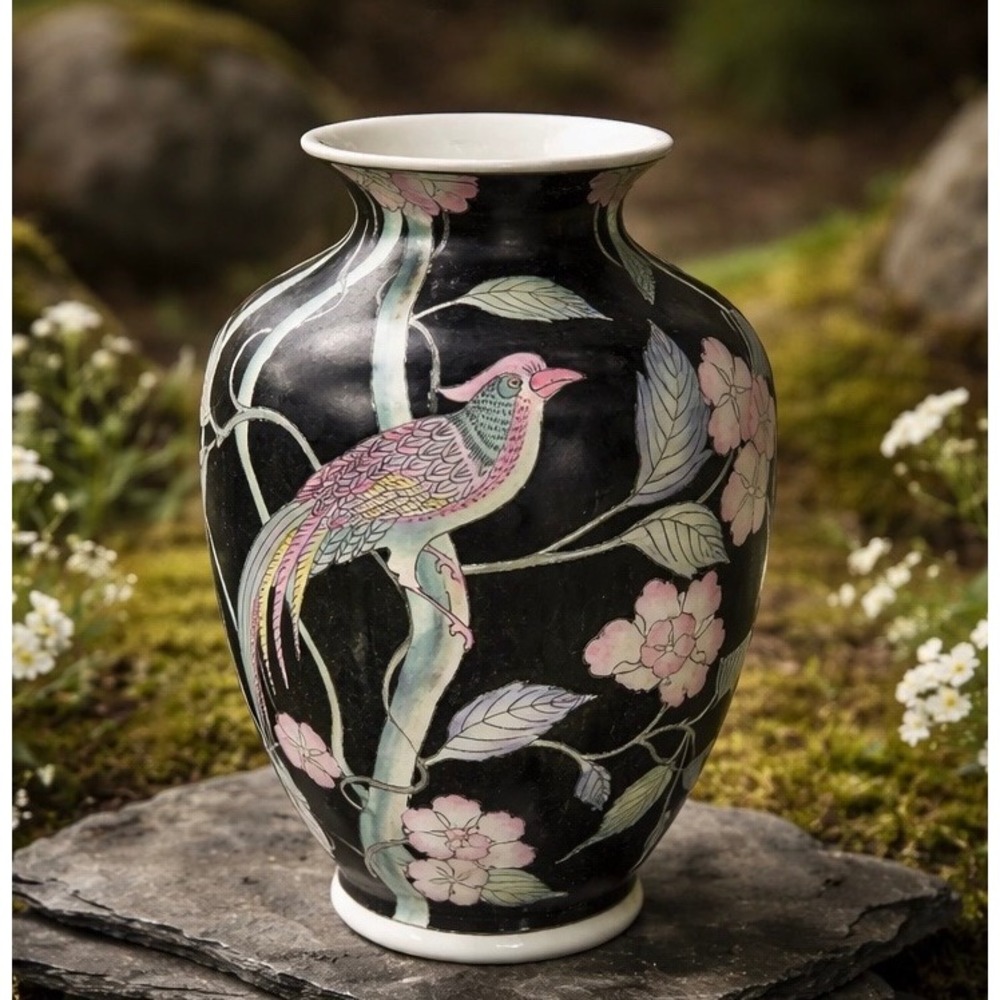 Vintage WBI Chinese Porcelain Vase Mate Black Bird Cherry Blossom Hand Painted